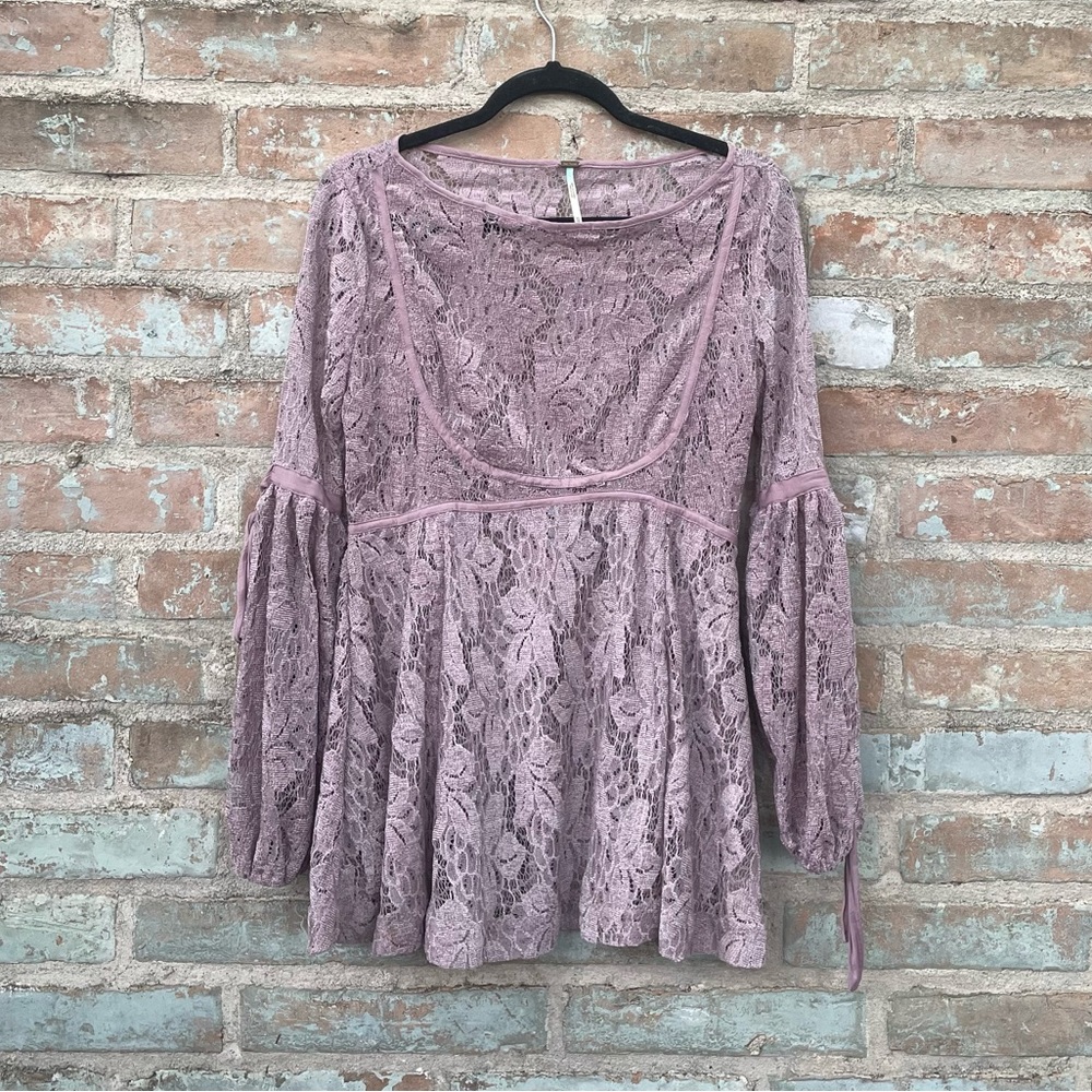 Free People Dress Ruby Mini Babydoll Lilac Pink Lace Sheer Boho Balloon Sleeve - Picture 4 of 13